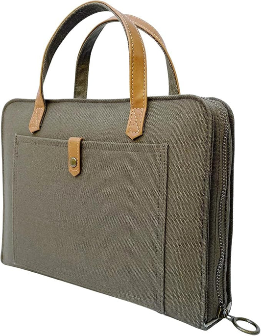 Bible Cover for Women Canvas Case with Leather Handles, Purse Style Bible Bag with Zippered Closure and Snap Pocket (Olive Green, Medium and Large Bibles)