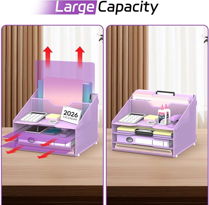 Desk File Organizer, Paper Organizer with 4 Letter Trays and 2 Vertical Upright Sections, Desk Organizers and Accessories for Office, School, Home (Purple)