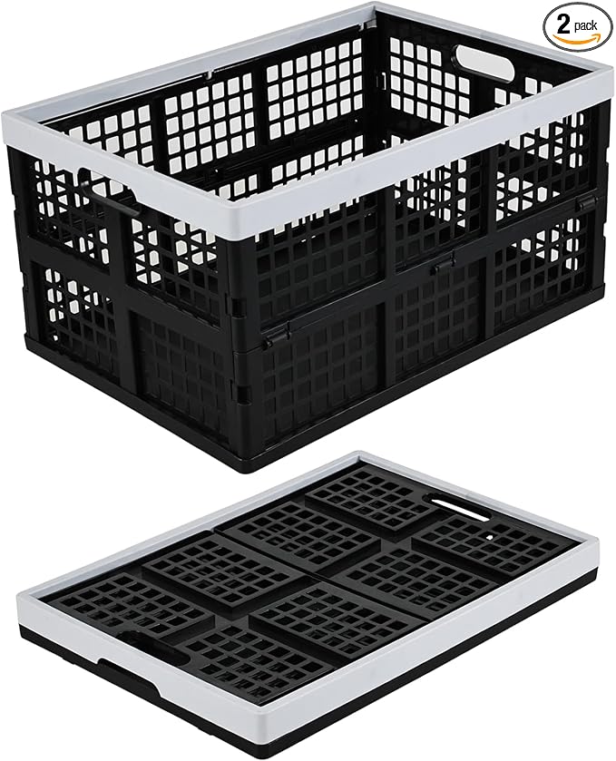 Esdiplot 2 Pack 42 L Collapsible Storage Crates, Stacking Folding Storage Basket, , Plastic Collapsible Milk Crates