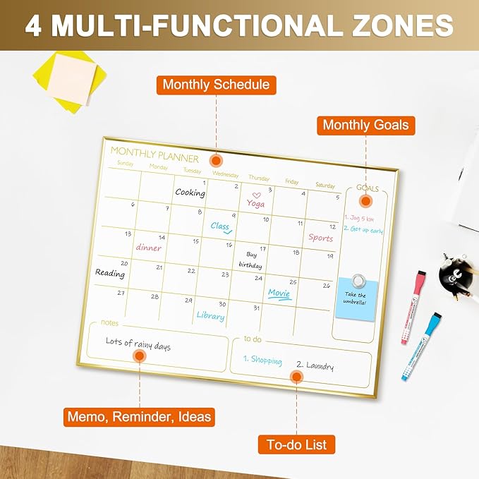 Dry Erase Calendar Whiteboard for Wall, 24'' x 18'' Monthly White Board Planner with Gold Frame, Magnetic Hanging Wipe Board for Home Office School Dorm