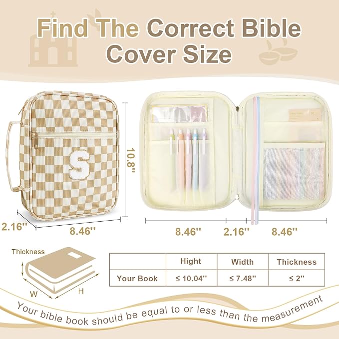 Personalized Initial Bible Cover Case for Women Girls Kid - Large Quilted Bible Case with Handle,Chenille Letter Bag Study Supplies,Christmas Gifts for Christians Birthday Graduation(Khaki-S)
