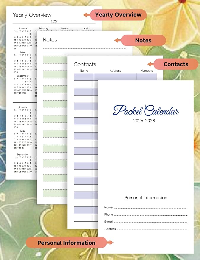 Pocket Calendar 2026-2028 Floral Series, Monthly Planner Jan 2026 to Jul 2028 (3.7" x 6.7") Perfect Purse Calendar, Pocket Agenda with Protective Plastic Sleeve-Color Floral