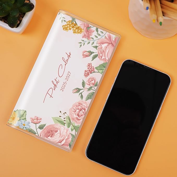 Pocket Calendar 2025-2027, Small Pocket Planner 2026 for Purse, Monthly Planner with Pvc Cover, Small Size (3.5" x 6"), From July 2025 - December 2027 - Pink Flower