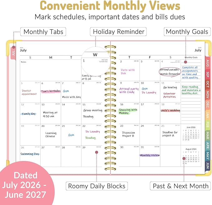 Forvencer Academic Planner 2026-2027, Hardcover Calendar Planner Weekly & Monthly, July 2026 - June 2027, 6" x 8", Daily Agenda with Tabs, College School Organizer for Student Teacher, Pink