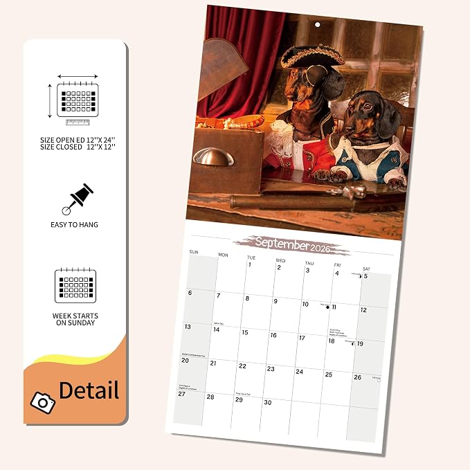 Wall Calendar 2026 Planner Calendar - Fashionable Fun Dachshund Hangable Monthly Wall Calendar with Large Blocks for Organizing & Planning, Academic Schedule, Home, Office & family, Thick & Sturdy Paper (12"x24" Open)