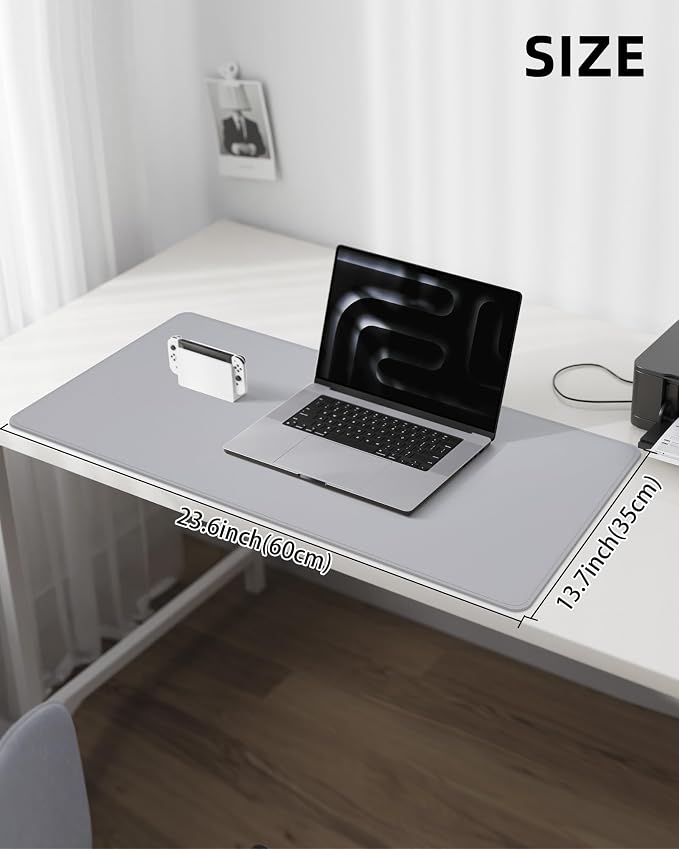 AFIING Desk Pad Protector 23.6" x 13.7" - Non-Slip Waterproof PU Leather Desk Mat for Mouse, Keyboard, Laptop, Office and Home Workspace (Light Grey)