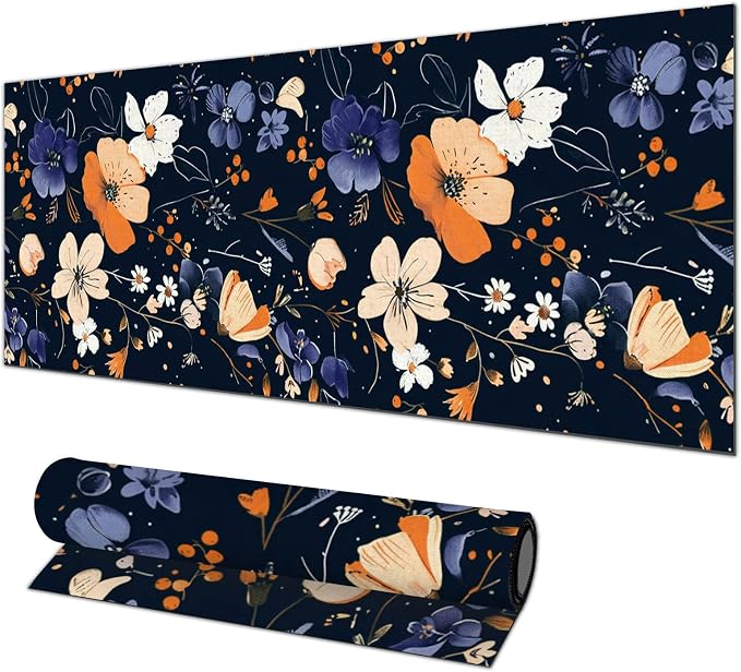 HOMETITUTE Large Mouse Pad 31.5 x 11.8 Inch Dark Floral Desk Mat Extended Keyboard Mousepad Non Slip Waterproof Desk Pad with Orange White Purple Flowers for Home Office Gaming