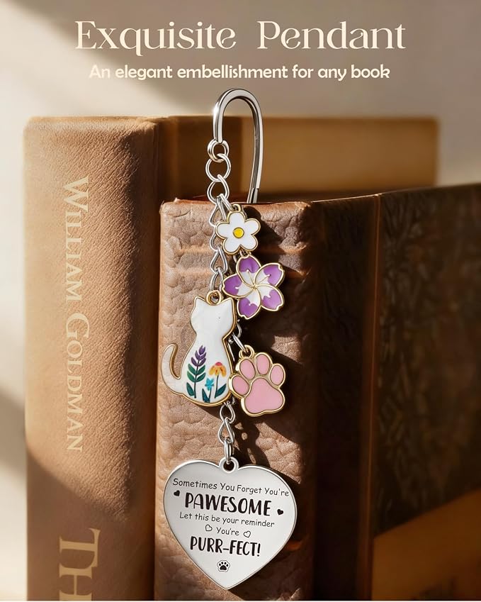 Buleens Bookmarks for Women Reading - Book Marks for Readers Book Lovers, Cute Feather Cat Paw Flower Personalized Metal Bookmark with Pendants, Pretty and Aesthetic Book Accessories Reading Gifts