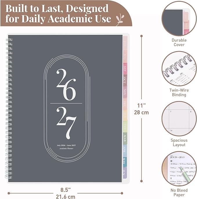 Rileys Academic Planner 2026-2027, Daily, Weekly & Monthly Planner, July 2026 - June 2027, Student Notes Pages, Twin-Wire Binding, Weekly Agenda for School & Work (8.5 x 11-Inches, Black)