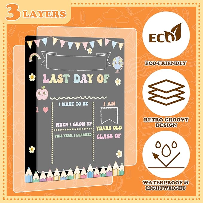 AmazingSpark First and Last Day of School Sign Board Double Sided 1st Back to School Supplies 10"x12" for Kids Preschool Kindergarten Chalk Board, Cute Crayon Retro Groovy Photo Reusable(Macaron)