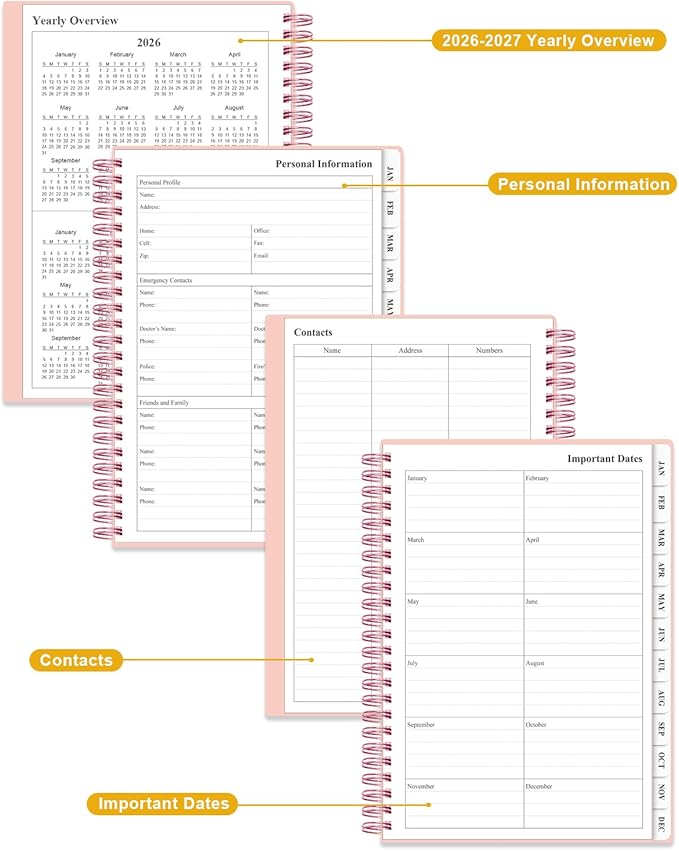 2026 Planner - Weekly and Monthly Planner from Jan 2026 - Dec 2026, Spiral Planning 2026 with 12-Month Tabs, Inner Pocket, 6.25" x 8.5", Pink