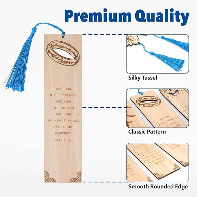 5 Pieces LOTRS Bookmark for Men & Women, Lord of Rings Themed Hobbits Bookmarks Set with Silk Tassel, Wooden Book Markers for Reading (Ideal for Gift)