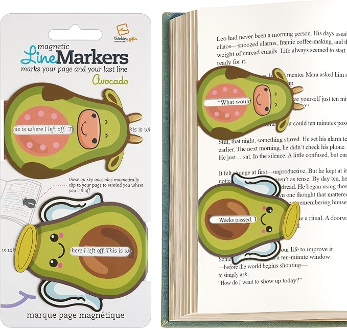 Gifts for Readers & Writers Linemarker Bookmark, 2 Pack Magnetic Bookmarks, Includes Line Finder Slit for Easy Line Tracking, Small & Cute Stationery, Book Page Holder, Reading Accessories, Avocado
