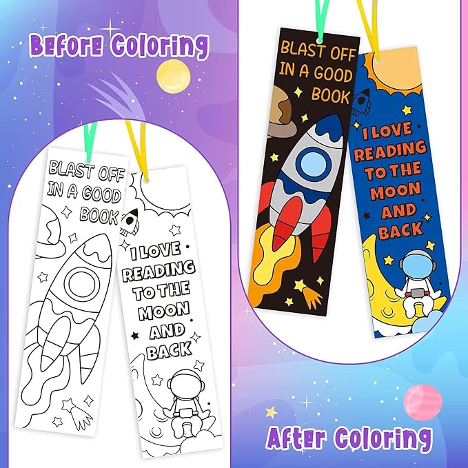 Haooryx Color Your Own Outer Space Bookmarks - 72Pcs Creative DIY Coloring Planet Rocket Spaceship Blank Book Marker for Reading Lovers Accessories Paint Paper Art Craft Space Party Supplies