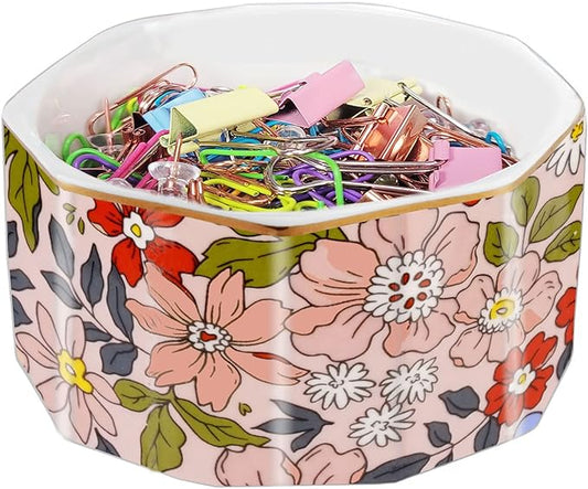 Ceramic Paper Clip Holder Gold Line Paper Clip Dispenser Organizer for Desk Cute Floral Pattern Office Binder Clip Holder Bobby Pin and Hair Clip Holder Gift for Office Pink Flowers