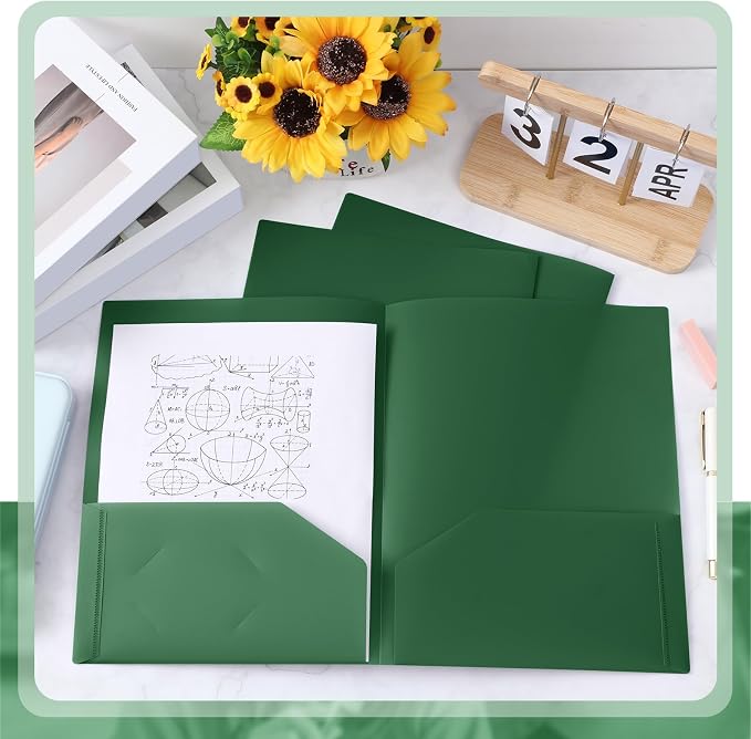 Gueevin 100 Pack Plastic Folder with Pockets, 2 Pocket Folders, Plastic Glossy Folders Fit Letter Size Paper, Heavy Duty Durable File Folder with Business Card for Home Office School (Dark Green)