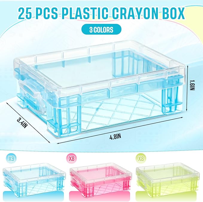 Suzile 25 Pcs Plastic Crayon Boxes with Snap Lids Crayon Storage Organizer Stackable Container Bulk Pencil Case for Pen Crafts Classroom Supplies(Red, Blue, Green)