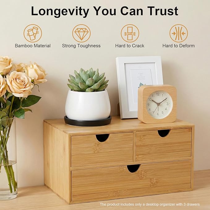 Desk Organizer, Office Vanity Bamboo Desk Organizer, Mini Bamboo Desk Drawer Tabletop Storage Box with 3 Drawer Night Stand Table Organizer for Makeup Vanity Office Supplies (3 Drawer, 2 Top+1 Bottom)