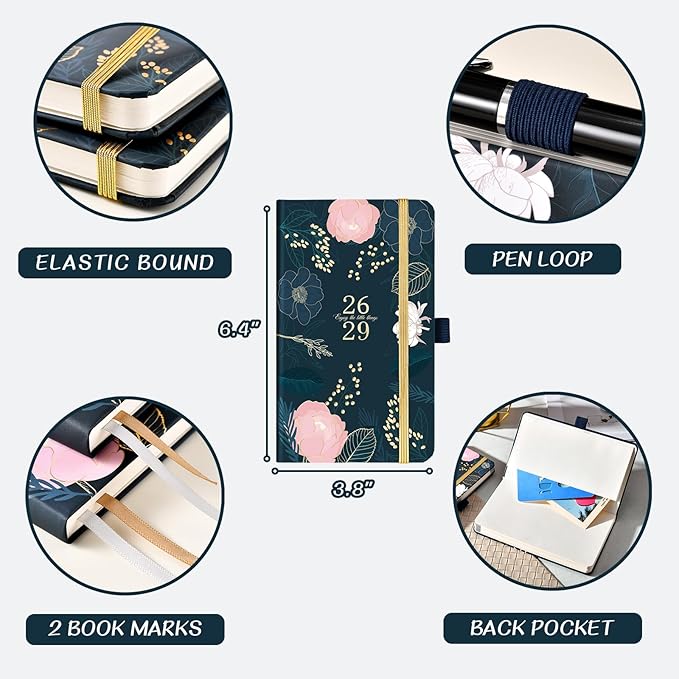 2026-2029 Pocket Planner - 3 Year Monthly Planner 2026-2029, 6.3" x 3.8", JULY 2026 - JUNE 2029, 60 Note Pages, Inner Pocket, Pen Loop, Elastic Closure