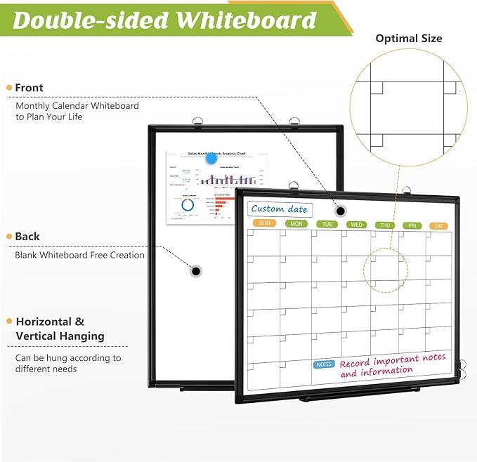 Dry Erase Calendar Whiteboard for Wall, 36" x 24" Double-Sided Magnetic Monthly WhiteBoard Calendar Dry Erase, Wall Hanging Aluminum Frame with Tray for Home, School, Office