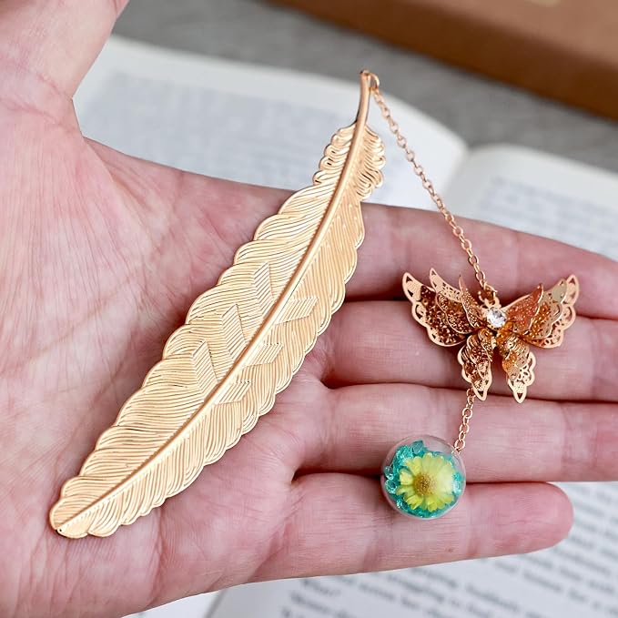 Teacher Retirement Gifts - Metal Feather Bookmark with 3D Butterfly & Real Dried Flower Pendant - Bookmark for Women & Book Lovers Under 10 Dollars - Gift Box Included