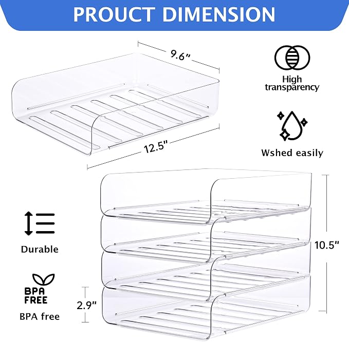 CiWiVOKi Set of 4 Office Organization and Storage, Clear PET Letter Tray Desk Organizer, Stackable Paper Tray Organizer for Desk Accessories, Notes, Pens, File Paper, Document