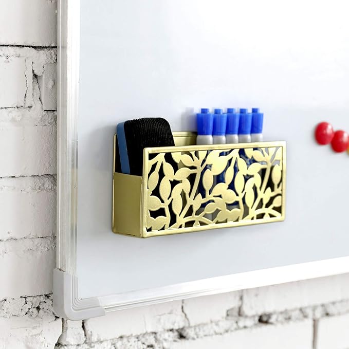 MyGift Magnetic Dry Erase Marker Holder Brass Metal for Whiteboard,Dry Erase Markers and Accessories Storage Basket Organizer with Floral Cutout Design