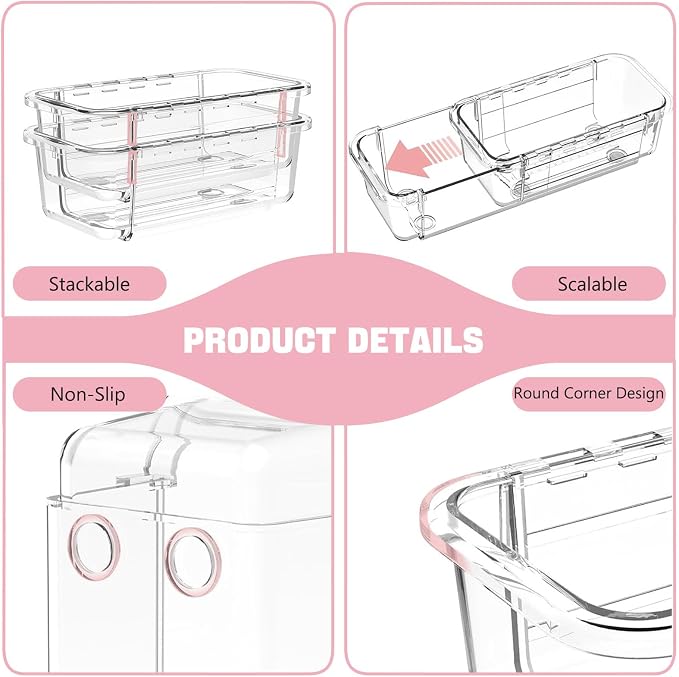 16 PCS Clear Drawer Organizer Set, Expandable Acrylic Vanity Storage Bins, 2 Sizes Adjustable Plastic Junk Drawer Dividers, BPA-Free Non-Slip Stackable Organizers for Makeup, Bedroom, Office & Tools