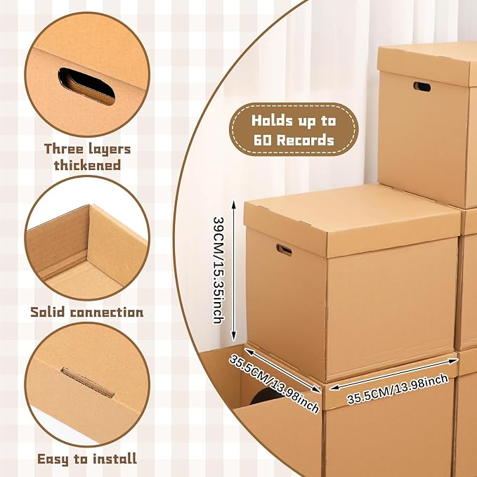 Marspark 10 Set 12" Vinyl Record Storage Box Corrugated Paper Lp with Removable Lid and Handle for Organize Vinyl Album, Each Holds up to 60 Records or Lps 15-3/8 x 13-15/16 x 13-15/16 Inch