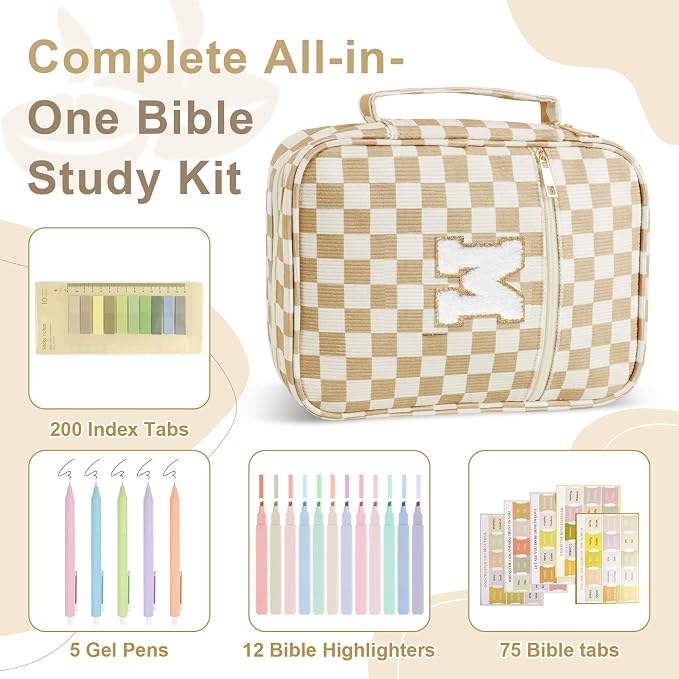 Personalized Initial Bible Cover Case for Women Girls Kid - Large Quilted Bible Case with Handle,Chenille Letter Bag Study Supplies,Christmas Gifts for Christians Birthday Graduation(Khaki-M)
