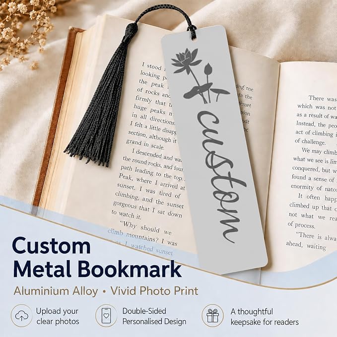Personalized Photo Bookmark with Text, Custom Metal Page Marker with Tassel, Double Sided Aluminum Alloy Gift for Women Men Teachers Students and Book Lovers (Text B)