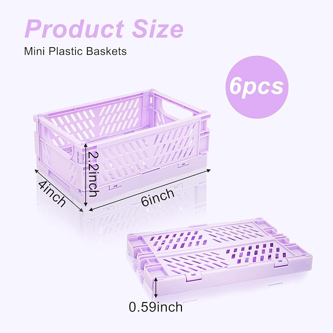 6 Pack Mini Foldable Small Plastic Baskets for Organizing and Storage，Collapsible Storage Crates,Mini Bins for Home Kitchen Bedroom Bathroom Office (Purple, Small 6x4x2.2)