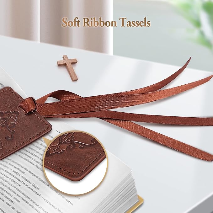 FINPAC Leather Bible Bookmarks, Vegan Religious Bookmarks, Bible Verse Book Markers Church Gifts for Women Men [Trust in The Lord with All Your Heart] - Vintage Brown