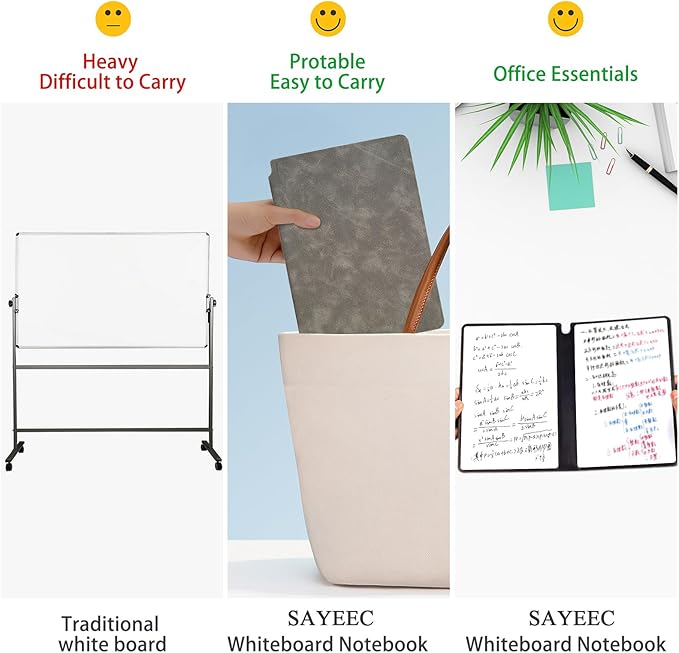 SAYEEC Whiteboard Notebook, Portable Dry Erase Board Fineliner Pens, PU Cover Erasable Handheld White Board Reusable Drawing Notebook Easel Pad for Meeting Business Office School (Gray)