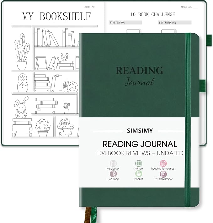 Reading Journal with 104 Book Reviews, Book Journal for Books Lovers & Readers - Review and Track Your Reading Progress, Reading Log Notebook Gift, A5, Dark Green