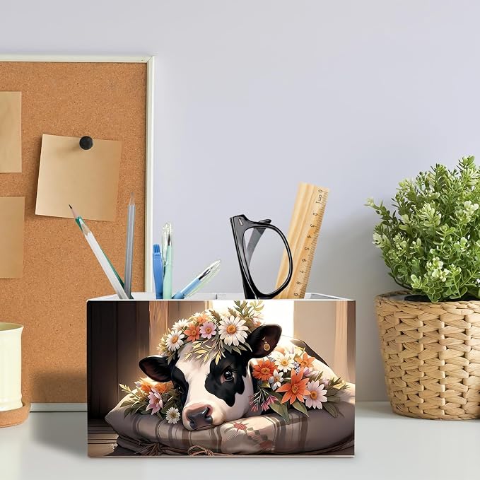 Cottagecore Floral Cow Pen Holder for Desk, Cow Lovers Gifts for Women Pencil Organizer, Farmhouse Animal Wooden Box Sign Desk Decor for Farmhouse Home Office Decoration