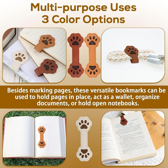 3pcs Dog Paw Magnetic Bookmarks, Cute Paw Shape Leather Magnet Bookmark Vintage Magnetic Book Marks Book Accessories for Reading Gift for Book Lover Readers Men Women (3 Colors)