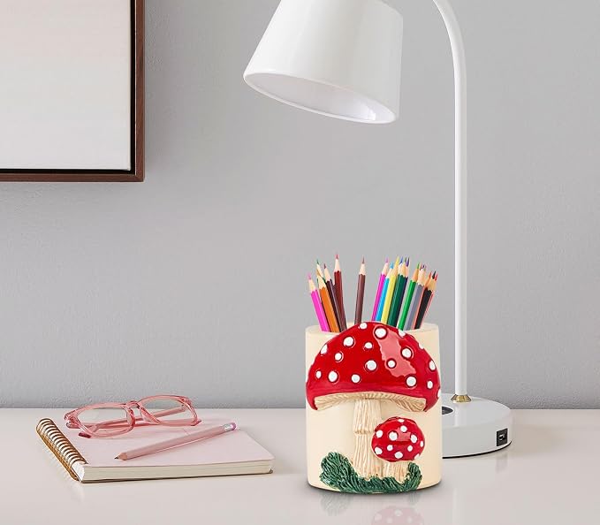 dgudgu Mushroom Resin Pencil Holder & Pen Organizer - Cute Desk Pencil Holders With Multiple Compartments