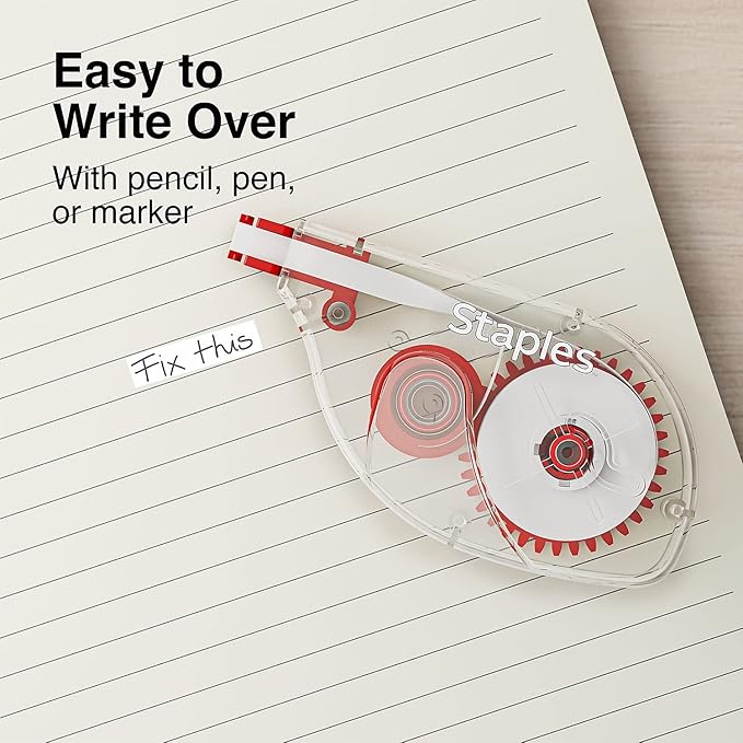 STAPLES Correction Tape, Easy Sidewinder Applicator for Instant Corrections, 10-Pack, White
