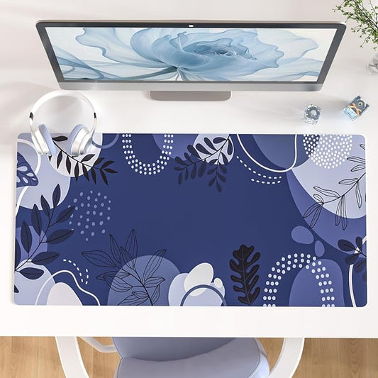 Colorful Star Large Mouse Pad, Botanical Desk Mat Office Supplies, Waterproof Faux Leather Big Gaming Mousepad, Blue Tropical Plants Desk Pad Home Office Décor Accessories 31.5" x 15.7"