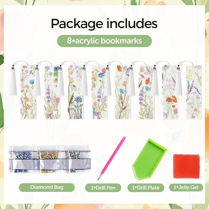 8 Pieces Christian Bible Verse Diamond Art Bookmarks 5d Christian Beaded Bookmark Acrylic Tassel Bookmark for DIY Making Beginners Adults Arts Craft Supplies (Wildflowers)
