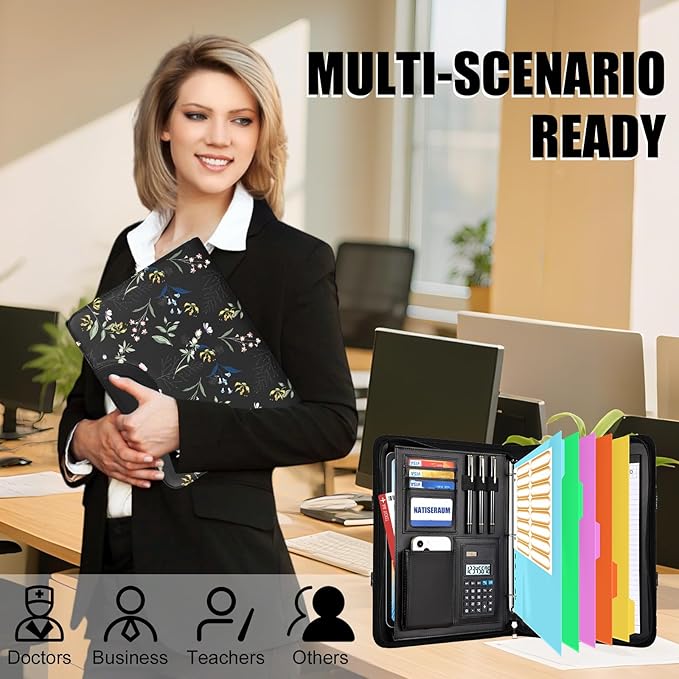 Portfolio Binder 3 Ring Includes Pen and 5 Dividers with 10 Pockets, Padfolio Organizer with Magnetic Handle for Men and Women, Includes A4 Notepad for Business, School, Work