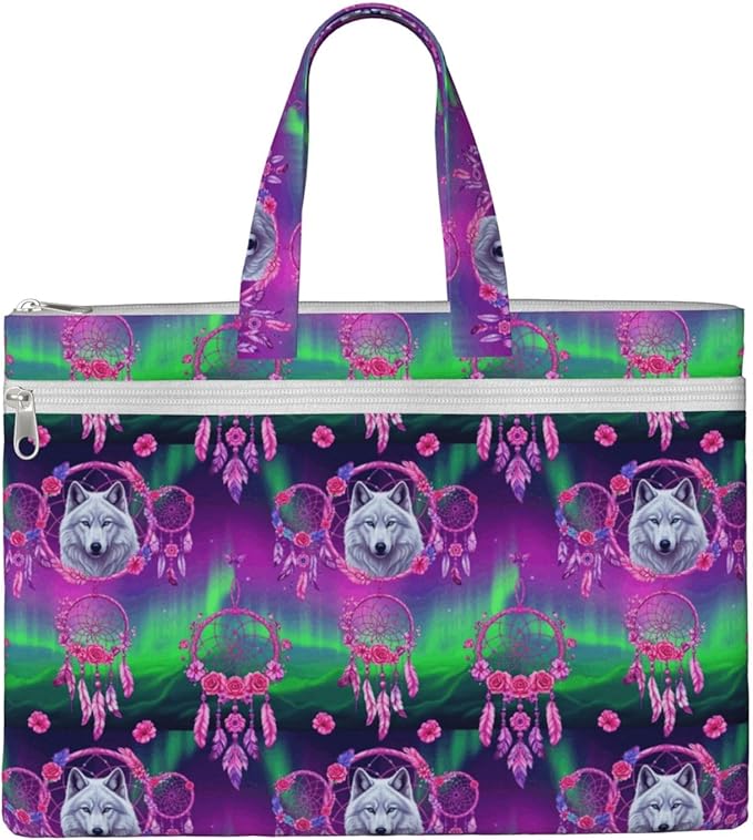 Canvas Fabric Document Briefcase Flower Dream Catcher Boho Wolf, Zipper File Organizer with Handle for Paper Files and Books