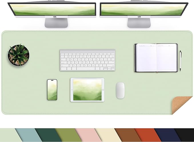 AFIING Cork Desk Mat 47" x 23.6", Dual-Sided Natural Cork & PU Leather Desk Pad, Non-Slip Waterproof Large Mouse Pad for Office, Home & Gaming (Light Green)