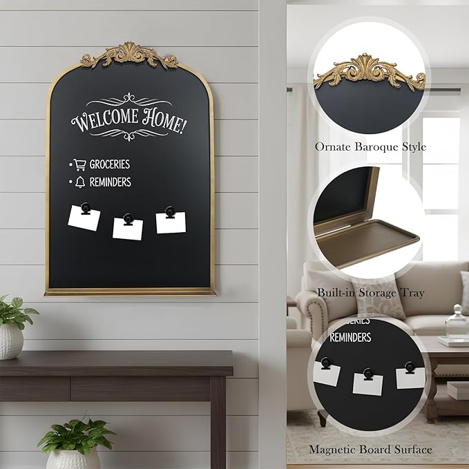 Vintage Magnetic Arch Chalkboard with Shelf - 24"x36" Decorative Wall Mounted Ornate Gold Framed Blackboard with Chalk, Clips & Cloth - Elegant Wedding Sign & Kitchen Menu Home Decor