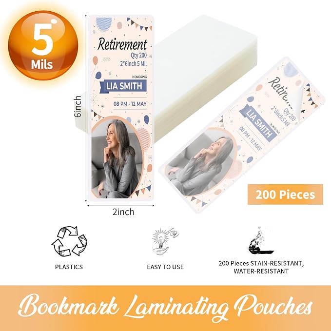 100 Pieces Bookmark Laminating Pouches 2x6 Hot Laminator Sleeves 5 Mil Photo Booth Frames for Book Lovers Nature Lovers (200, 2x6 Inch)