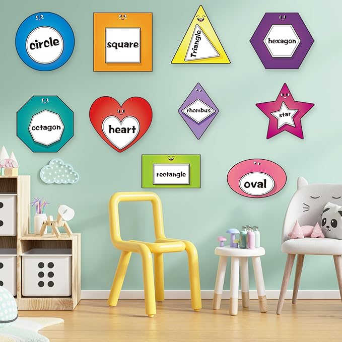 10 Pcs Shapes Bulletin Board Set, Educational Boarders Posters, Shapes for Classroom Wall Decor with 50 Adhesive Dots, Waterproof Cutouts for Toddlers Preschool Kindergarten Learning