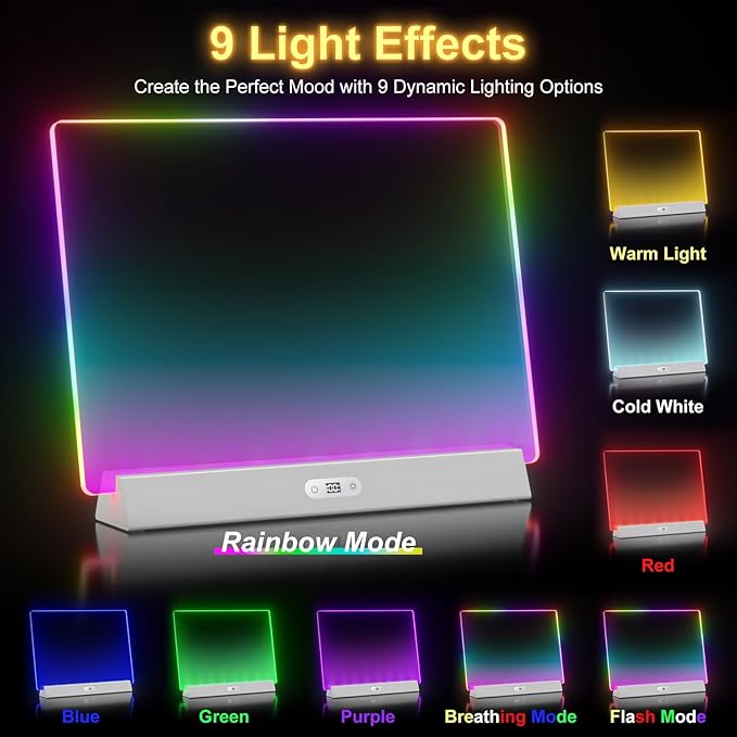 LED Note Board with Colors, Rechargeable 17-Inch Doodle Glow 9-Mode Light Up Desk Sign Letter Message Memo Drawing Dry Erase Board for Classroom/Home Decor/Office/Gifts, 5 Markers