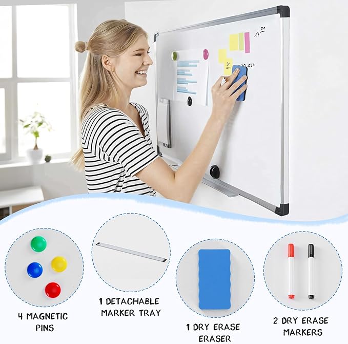 Magnetic Dry Erase Board & Whiteboard, 39.9 X 30 Inches, Silver Aluminum Frame, Comes with 1 Dry Eraser, 2 Dry Erase Markers 1 Pen Tray & 4 Push Pin Magnets
