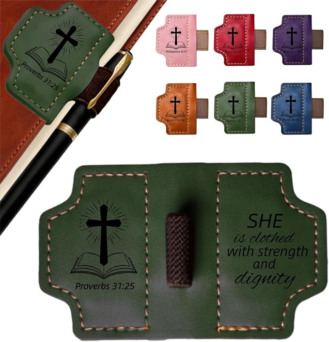 MOTEERLLU Bygone Mark Personalized Magnetic Leather Bookmark Pen Holder, Christian Gifts, Inspirational Bible Book Marks for Reading Women, Men, Teachers, Book Lover(Green Proverbs 31:25)